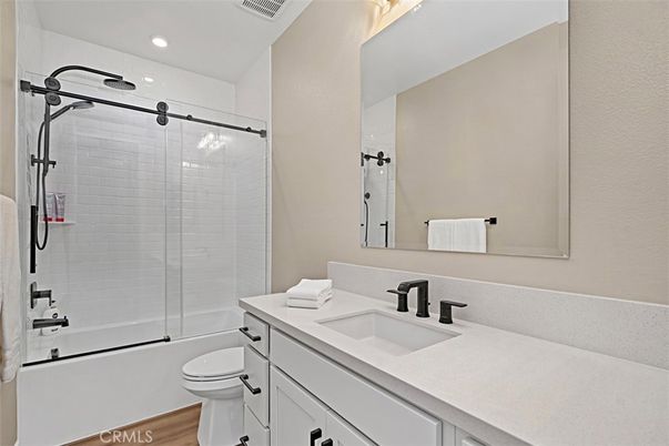 Bathroom, Glass Shower, Interior, Recessed Lighting, Wood Texture Flooring