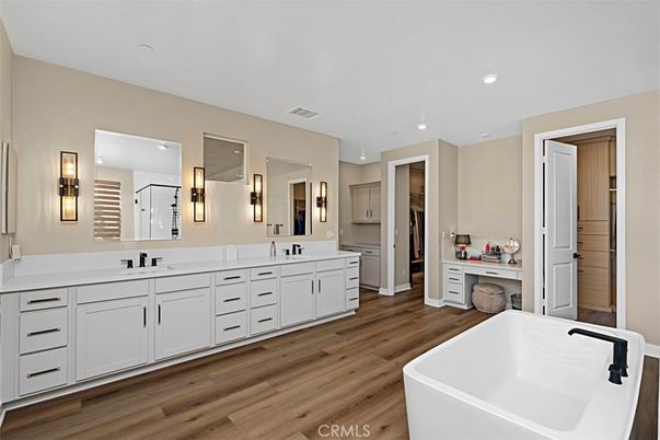 Bathroom, Dual Sink Vanities, Free Standing Baths, Interior, Recessed Lighting, Wood Texture Flooring
