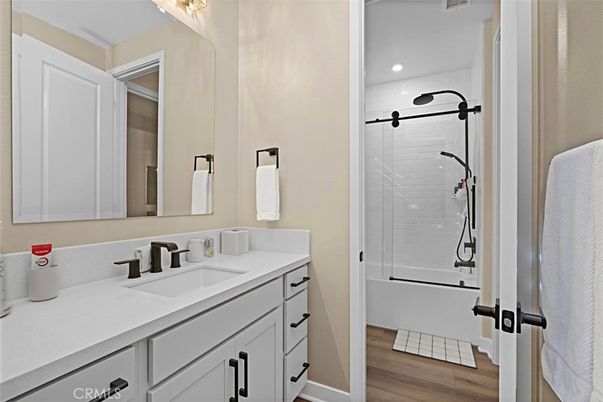 Bathroom, Glass Shower, Interior, Recessed Lighting, Wood Texture Flooring