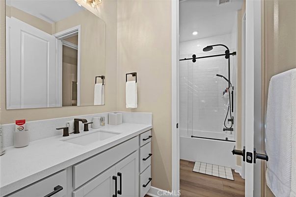 Bathroom, Glass Shower, Interior, Recessed Lighting, Wood Texture Flooring