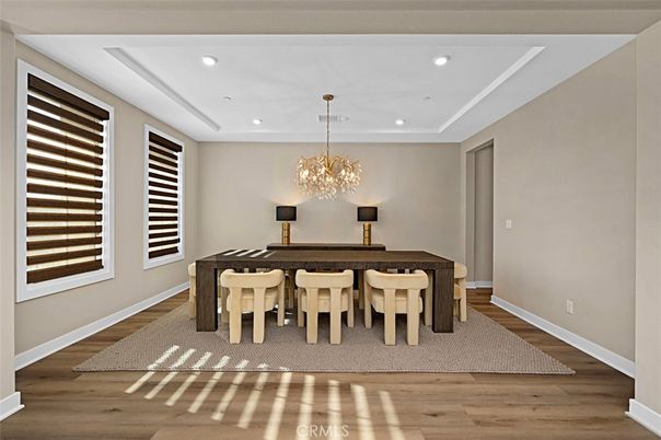Chandelier, Dining room, Interior, Recessed Lighting, Wood Texture Flooring