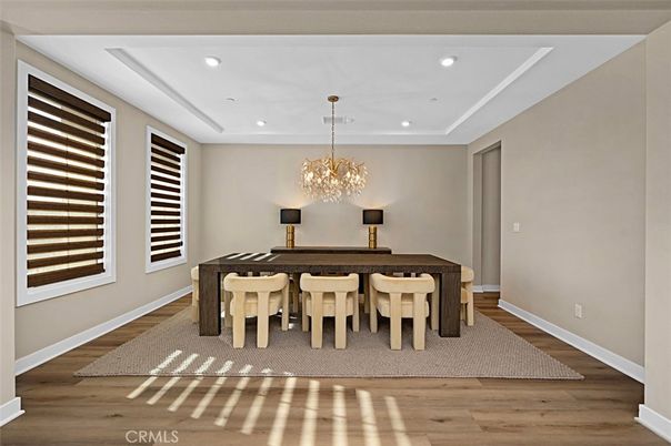 Chandelier, Dining room, Interior, Recessed Lighting, Wood Texture Flooring