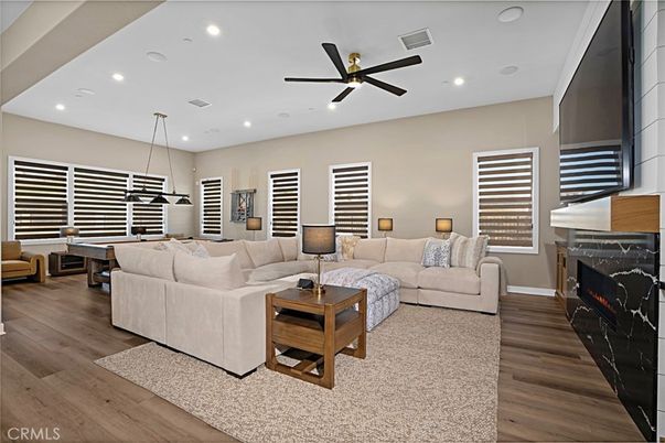 Fireplace, Interior, Living room, Pendant Lights, Recessed Lighting, Wood Texture Flooring