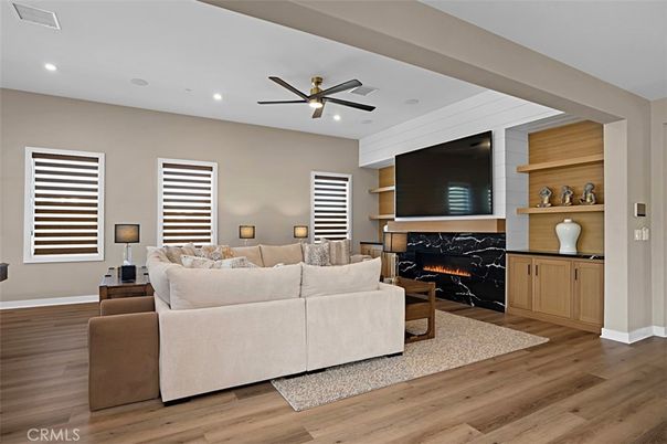 Fireplace, Interior, Living room, Recessed Lighting, Wood Texture Flooring