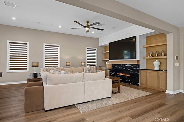 Fireplace, Interior, Living room, Recessed Lighting, Wood Texture Flooring