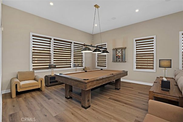 Billiard Table, Game Room, Interior, Pendant Lights, Recessed Lighting, Wood Texture Flooring