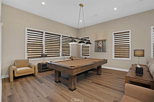 Billiard Table, Game Room, Interior, Pendant Lights, Recessed Lighting, Wood Texture Flooring