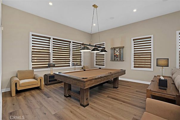 Billiard Table, Game Room, Interior, Pendant Lights, Recessed Lighting, Wood Texture Flooring