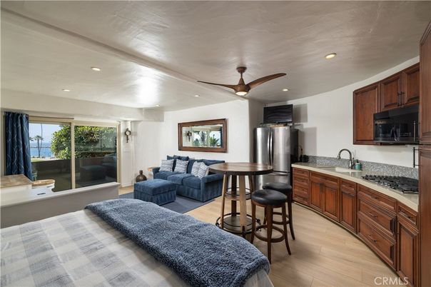 Interior, Kitchen, Living room, Recessed Lighting, Stainless Steel Appliances, Water, Wood Texture Flooring