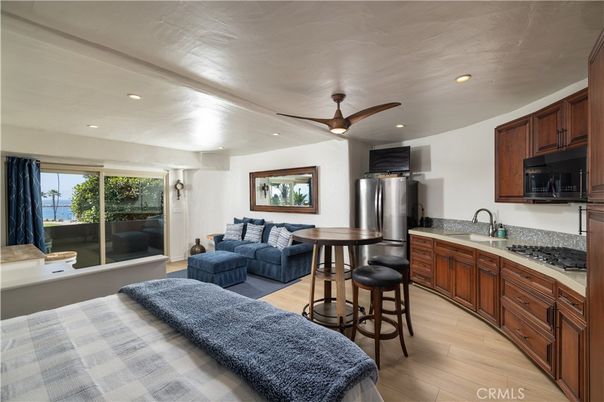 Interior, Kitchen, Living room, Recessed Lighting, Stainless Steel Appliances, Water, Wood Texture Flooring