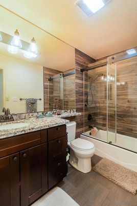 Bathroom, Glass Shower, Interior, Wood Texture Flooring