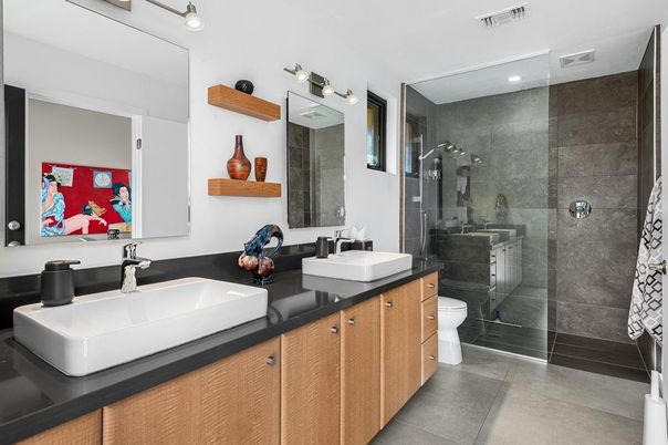 Bathroom, Dual Sink Vanities, Glass Shower, Interior, Recessed Lighting