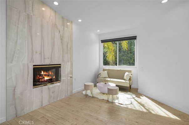 Fireplace, Interior, Recessed Lighting, Wood Texture Flooring