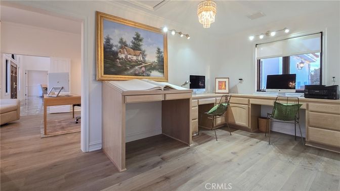 Chandelier, Home Office, Interior, Wood Texture Flooring