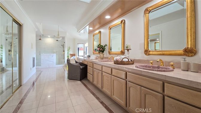 Bathroom, Dual Sink Vanities, Glass Shower, Interior, Recessed Lighting, Tile Countertops
