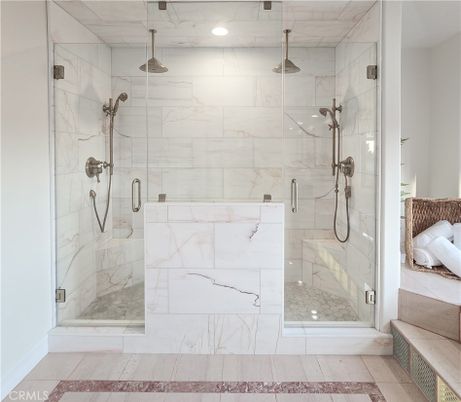 Bathroom, Glass Shower, Interior, Marble Walls, Recessed Lighting