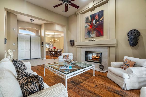 Chandelier, Dining room, Fireplace, Interior, Living room, Recessed Lighting, Wood Texture Flooring