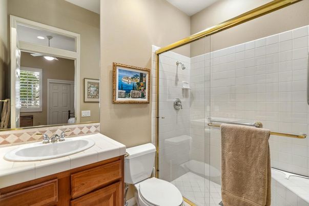 Bathroom, Glass Shower, Interior, Recessed Lighting, Tile Countertops