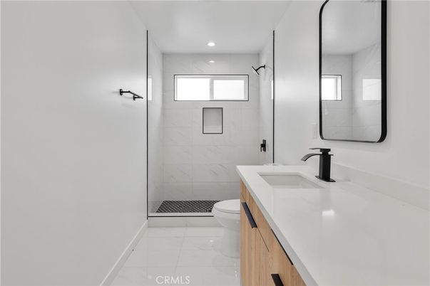 Bathroom, Glass Shower, Interior, Marble, Marble Walls, Recessed Lighting