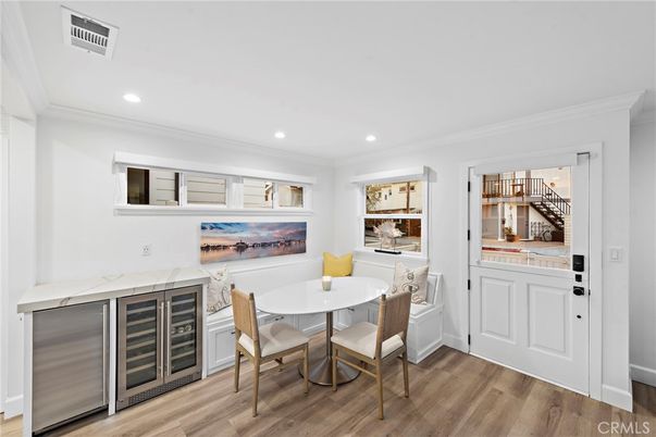 Dining room, Interior, Recessed Lighting, Wood Texture Flooring