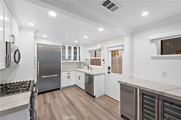 Interior, Kitchen, Recessed Lighting, Stainless Steel Appliances, Wood Texture Flooring