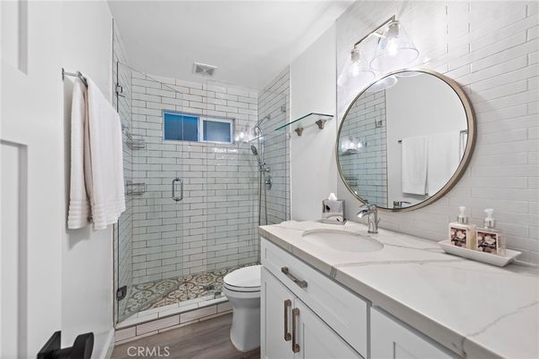 Bathroom, Glass Shower, Interior, Wood Texture Flooring