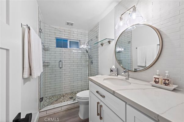 Bathroom, Glass Shower, Interior, Wood Texture Flooring