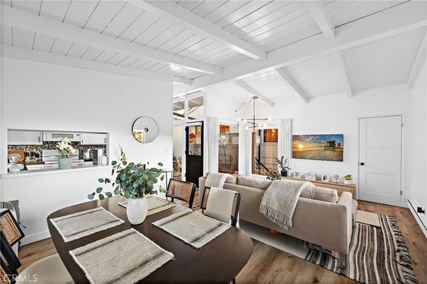 Dining room, Interior, Living room, Pendant Lights, Wood Texture Flooring
