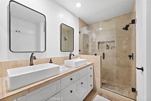 Bathroom, Dual Sink Vanities, Glass Shower, Interior, Recessed Lighting