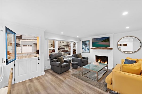 Fireplace, Interior, Kitchen, Living room, Recessed Lighting, Wood Texture Flooring