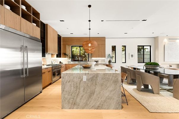 Dining room, Interior, Kitchen, Pendant Lights, Recessed Lighting, Stainless Steel Appliances, Wood Texture Flooring