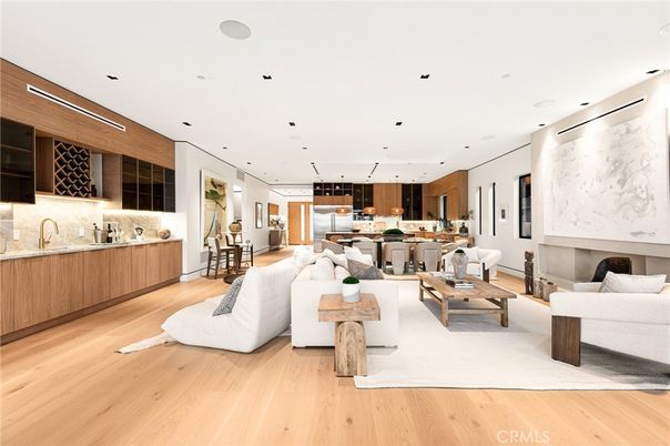Dining room, Fireplace, Interior, Kitchen, Living room, Pendant Lights, Recessed Lighting, Wood Texture Flooring