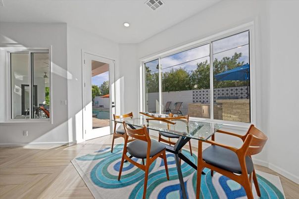 Dining room, Interior, Recessed Lighting, Wood Texture Flooring