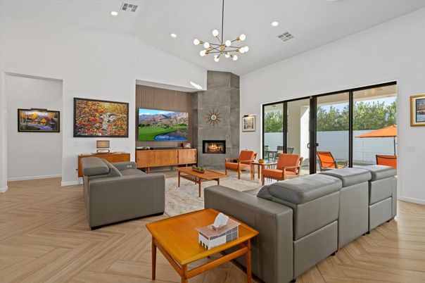 Fireplace, Interior, Living room, Pendant Lights, Recessed Lighting, Wood Texture Flooring