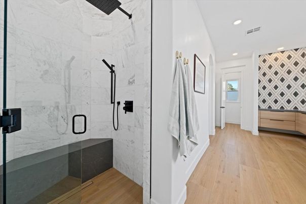 Bathroom, Glass Shower, Interior, Marble Walls, Recessed Lighting, Wood Texture Flooring