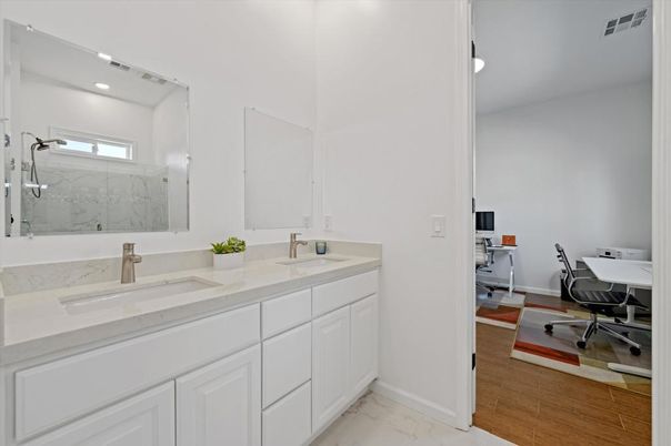 Bathroom, Dual Sink Vanities, Interior, Marble, Marble Walls, Recessed Lighting