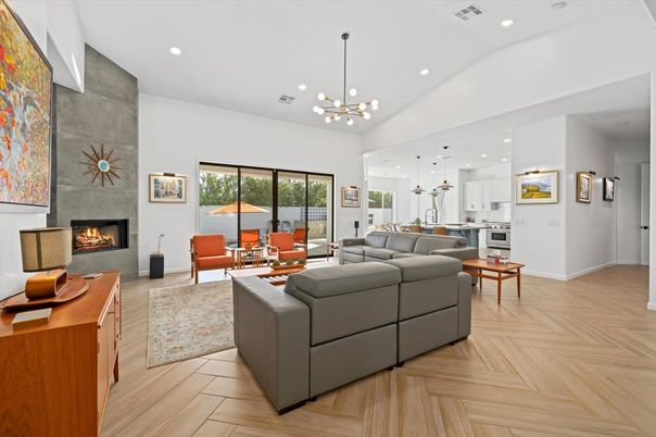 Fireplace, Interior, Kitchen, Living room, Pendant Lights, Recessed Lighting, Stainless Steel Appliances, Wood Texture Flooring