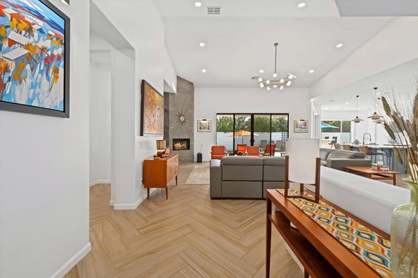 Dining room, Fireplace, Interior, Living room, Pendant Lights, Recessed Lighting, Wood Texture Flooring