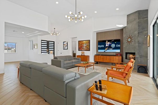 Fireplace, Interior, Living room, Pendant Lights, Recessed Lighting, Wood Texture Flooring