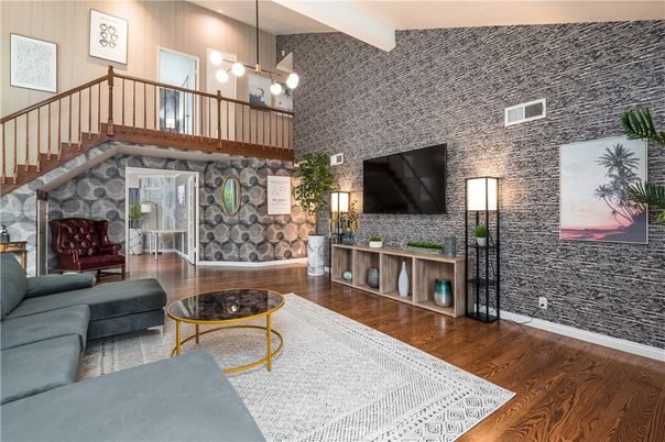 Fireplace, Interior, Living room, Pendant Lights, Stone Walls, Wood Texture Flooring