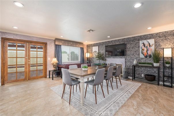 Dining room, Fireplace, Interior, Recessed Lighting, Stone Walls