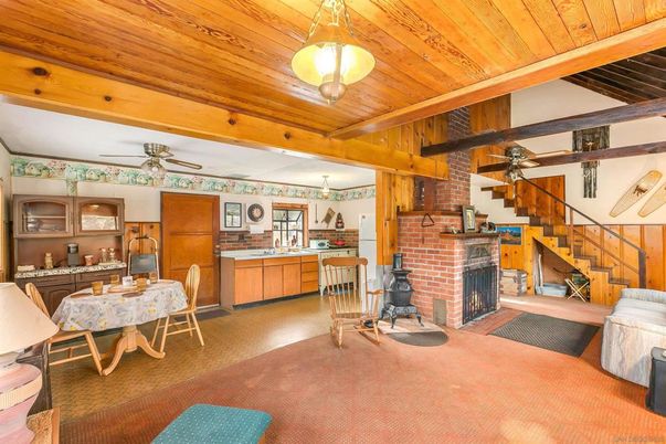 Dining room, Fireplace, Interior, Kitchen, Pendant Lights, Stone Walls, Wooden Beams, Wooden Ceilings