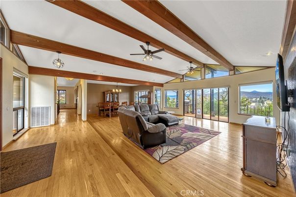 Chandelier, Dining room, Interior, Living room, Wooden Beams, Wood Texture Flooring