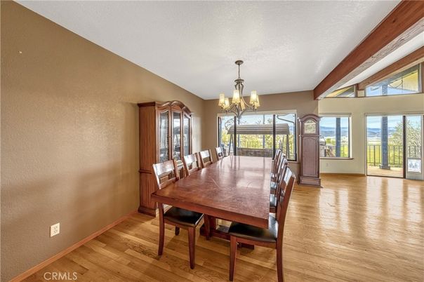 Chandelier, Dining room, Interior, Wooden Beams, Wood Texture Flooring