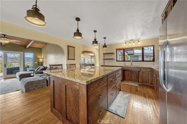 Interior, Kitchen, Living room, Pendant Lights, Stainless Steel Appliances, Wooden Ceilings, Wood Texture Flooring