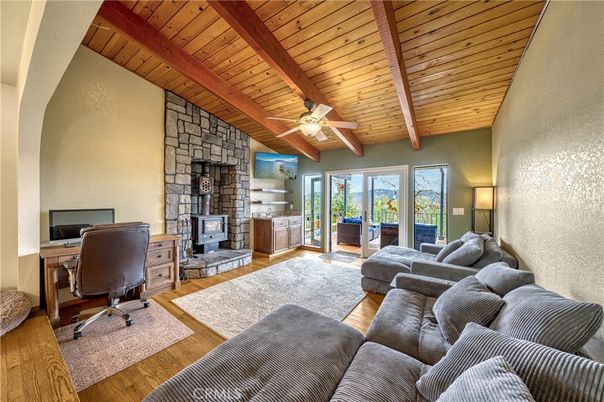Fireplace, Home Office, Interior, Living room, Stone Walls, Wooden Beams, Wooden Ceilings, Wood Texture Flooring