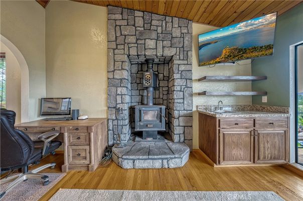 Home Office, Interior, Stone Walls, Wooden Ceilings, Wood Texture Flooring