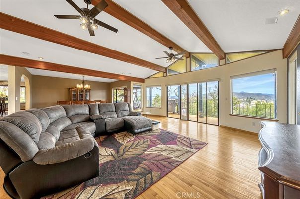 Chandelier, Interior, Living room, Recessed Lighting, Wooden Beams, Wood Texture Flooring