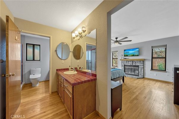 Bathroom, Fireplace, Interior, Tile Countertops, Wood Texture Flooring