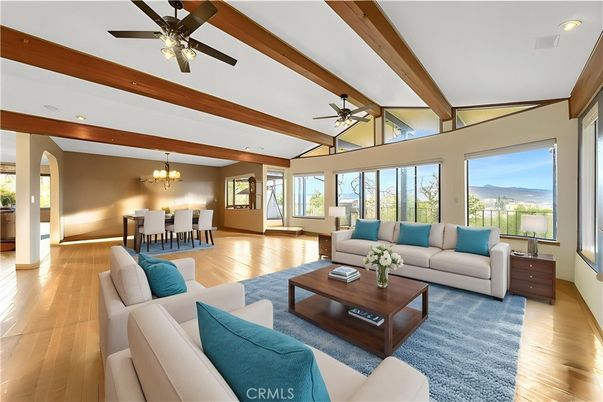 Chandelier, Dining room, Interior, Living room, Recessed Lighting, Wooden Beams, Wood Texture Flooring